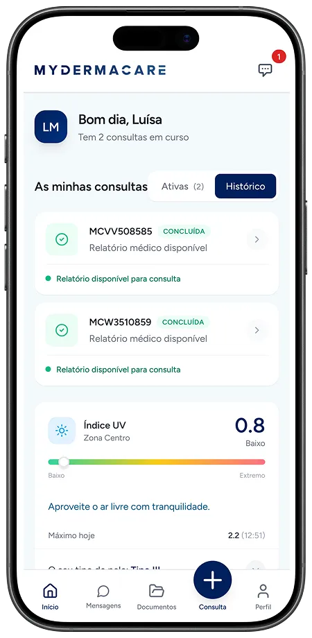 Histórico de consultas na aplicação MyDermaCare