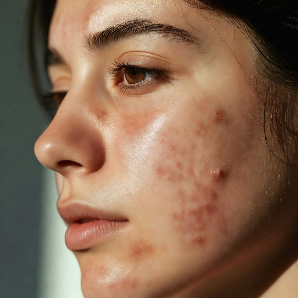Retrato de uma jovem com acne visível